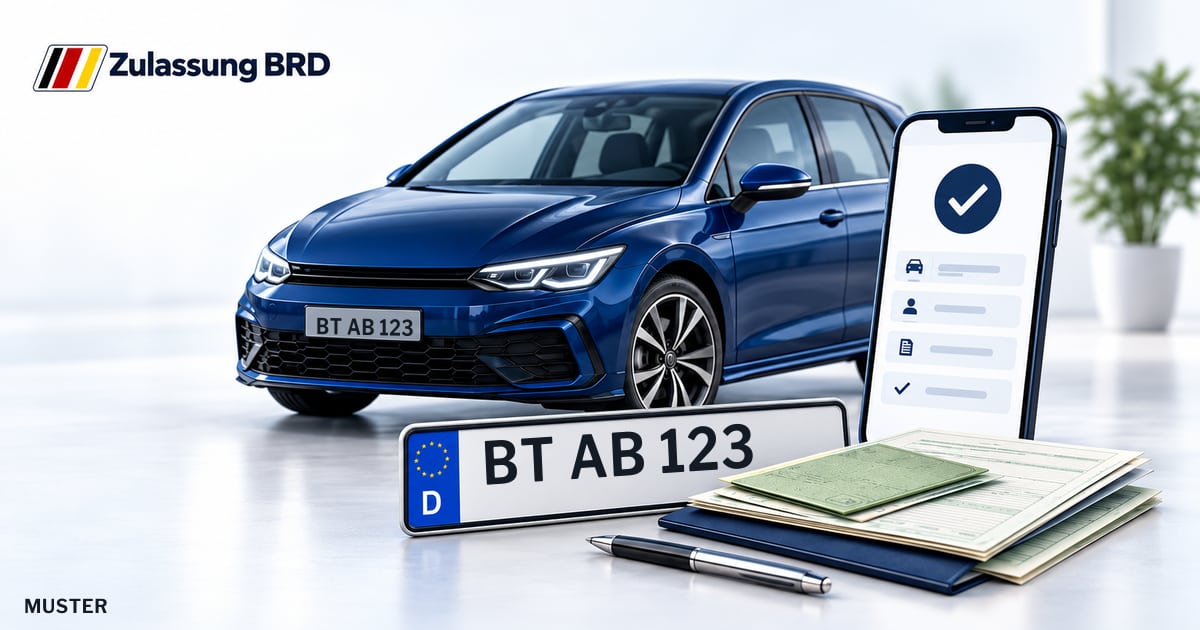 Online Fahrzeugzulassung in Landkreis Bayreuth: Musterkennzeichen BT AB 123, Auto und Fahrzeugpapiere und Smartphone. Illustration mit Logo von Zulassung BRD.